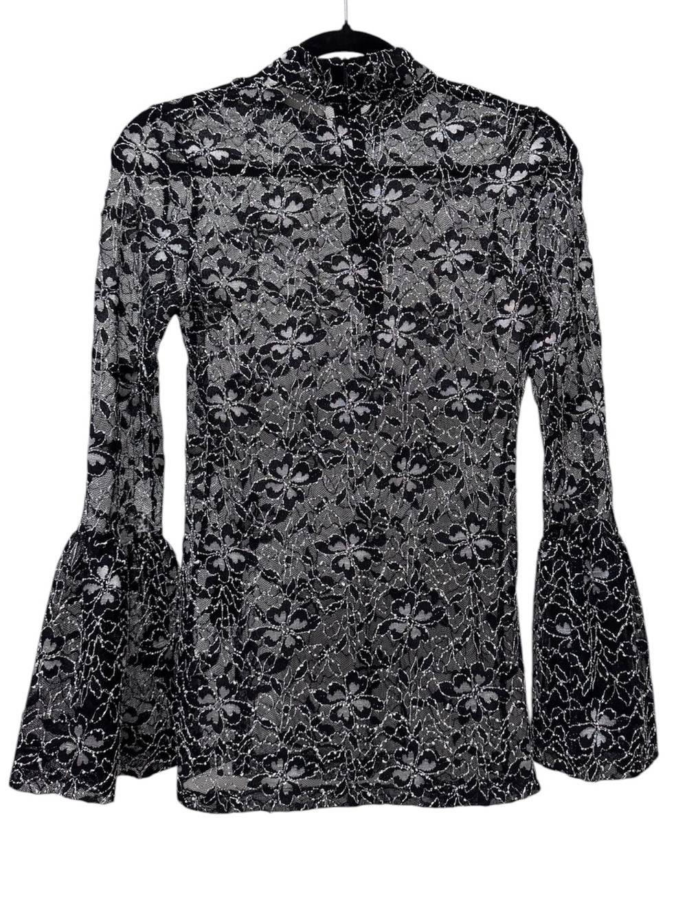 Anne Fontaine Black Silver Metallic Lace Mock Neck Bell Sleeve Top EU 36 US 4 - Picture 3 of 9